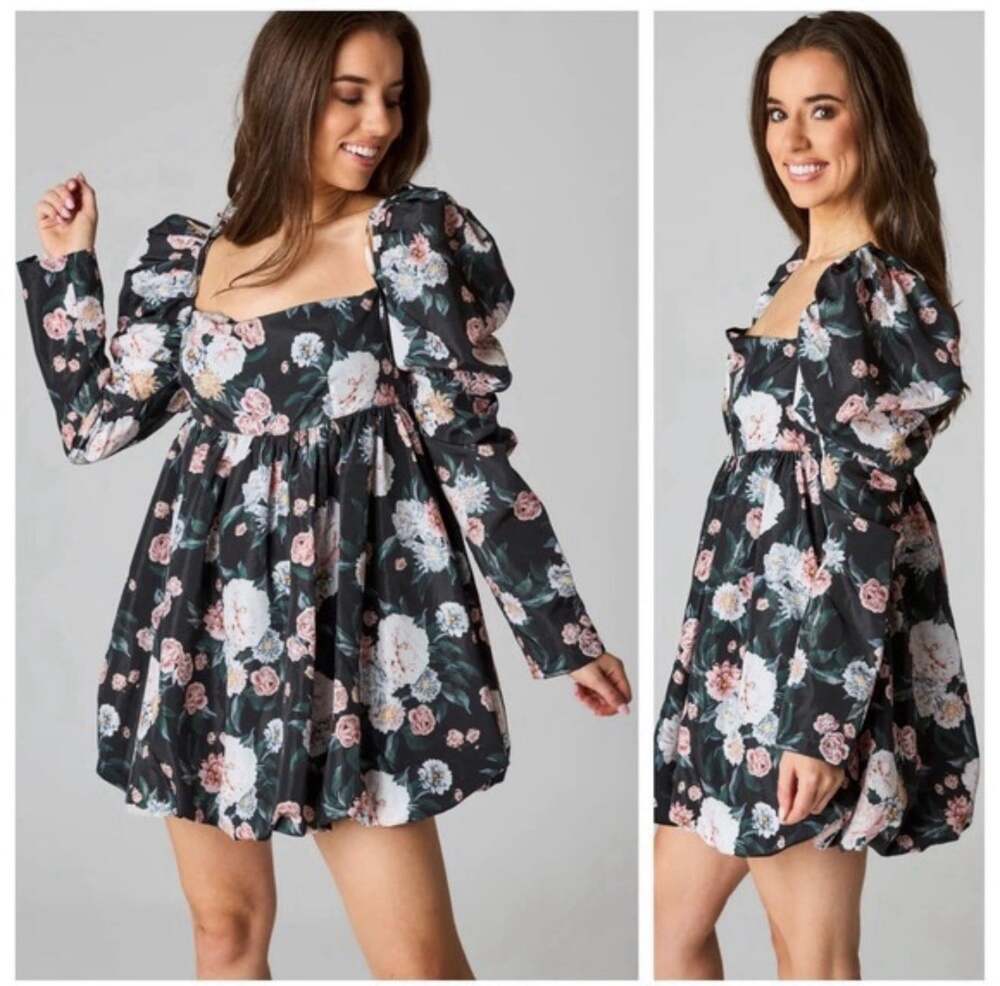 Buddy Love Stassie Puff Sleeve Babydoll Bubble Mini Dress Floral medium C46